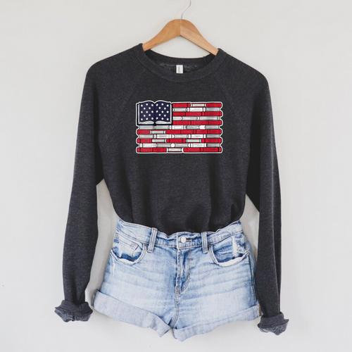 Women's Patriotic Book Flag Reading American Flag Books Teacher Raglan Sleeve Sweatshirt - Bookorys CA