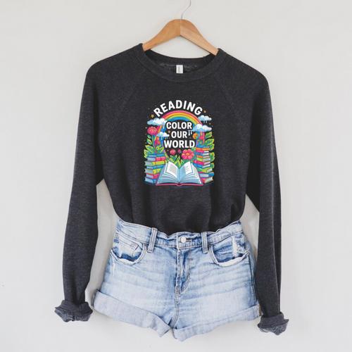 Women's Reading Colors Our World Rainbow Books Kids Raglan Sleeve Sweatshirt - Bookorys CA