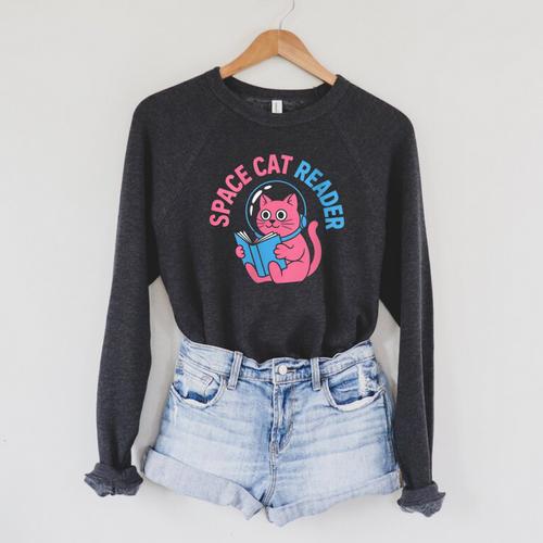 Women's Space CAT Reader Pink Helmet Blue Book Nerd Galaxy Kitty Raglan Sleeve Sweatshirt - Bookorys AU