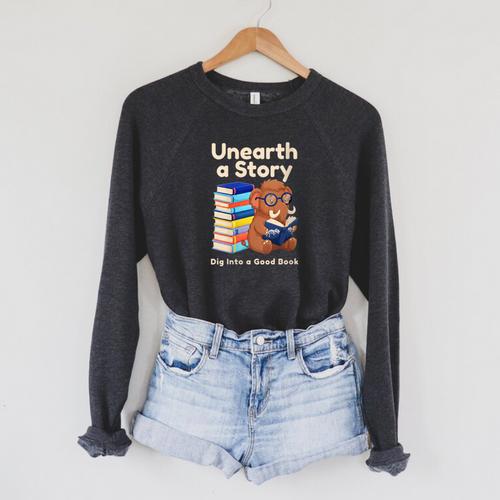 Women's Unearth A Story Reading Mammoth Prehistoric Book Librarian Raglan Sleeve Sweatshirt - Bookorys AU