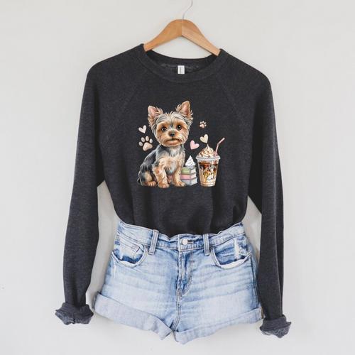 Yorkie Dog Moms Iced Coffee And Books Yorkshire Terrier Raglan Sleeve Sweatshirt - Bookorys
