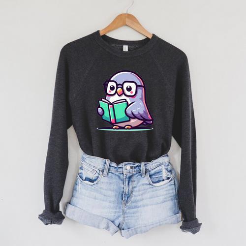 Adorable Book Lover Pigeon With Reading Glasses Cute Raglan Sleeve Sweatshirt - Bookorys AU