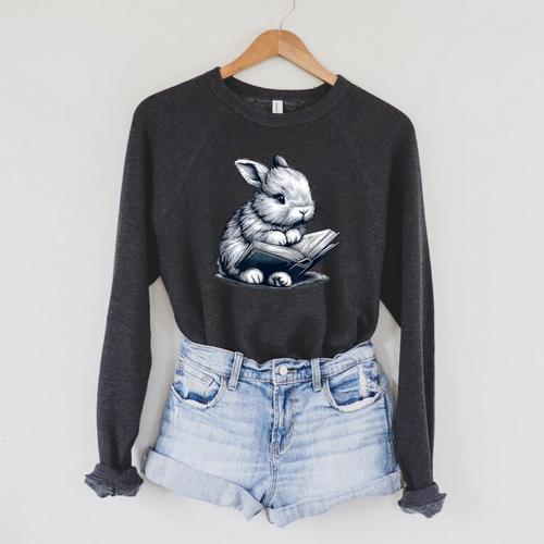 Adorable Reading Bunny Drawing For Book Lovers Philossophers Raglan Sleeve Sweatshirt - Bookorys AU