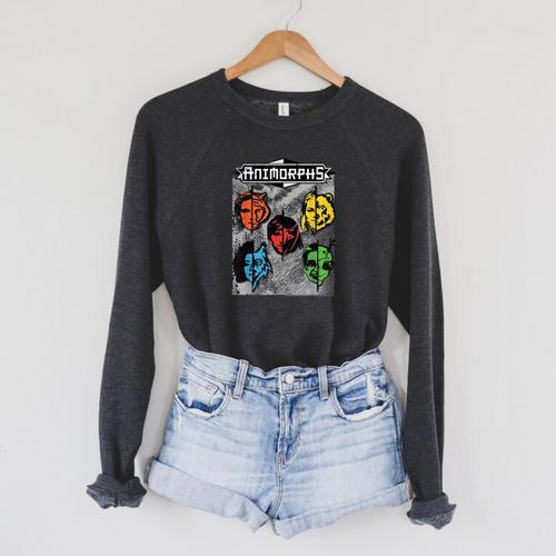 Animorphs Split Face Character Colorful Grid Book Series Raglan Sleeve Sweatshirt - Bookorys