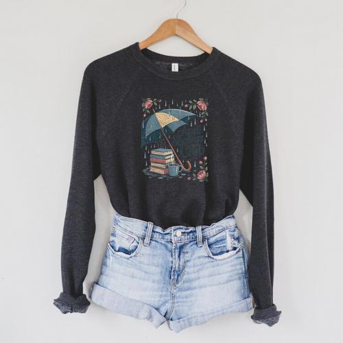 April Showers Book Club Spring Peonies Cozy Hygge Reader Raglan Sleeve Sweatshirt - Bookorys CA