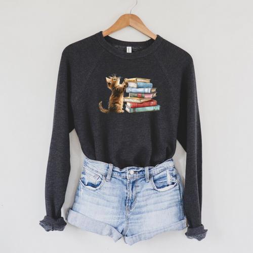 Book Cat Lover Reading Read Books Raglan Sleeve Sweatshirt - Bookorys AU
