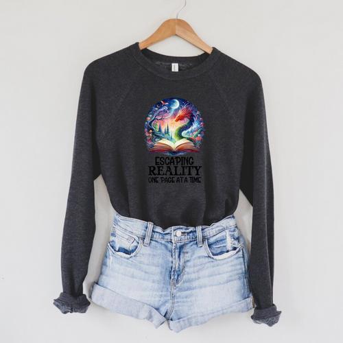 Book Dragon Reading Escaping Reality One Page Bookish Dragon Raglan Sleeve Sweatshirt - Bookorys AU
