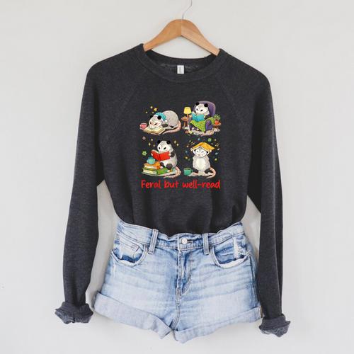Book Lover Opossum Reading Squad Bookish Feral But Well-Read Raglan Sleeve Sweatshirt - Bookorys
