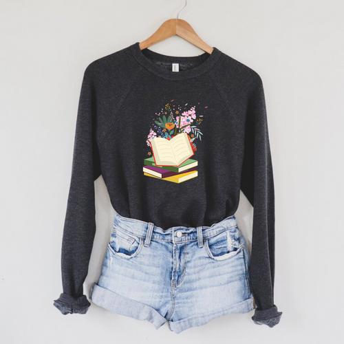 Book Lovers Wildflowers Books Reading Cute Floral Readers Raglan Sleeve Sweatshirt - Bookorys
