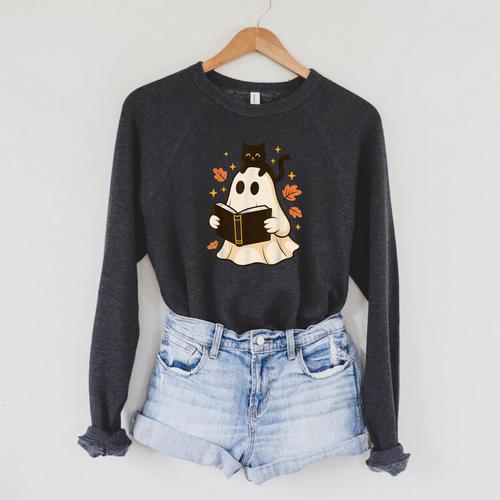 Books Ghost Reading Book Halloween Library Cat Fall Raglan Sleeve Sweatshirt - Bookorys UK
