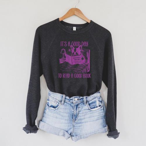 Boston Terrier Reading Book Good Day To Read a Book Raglan Sleeve Sweatshirt - Bookorys CA