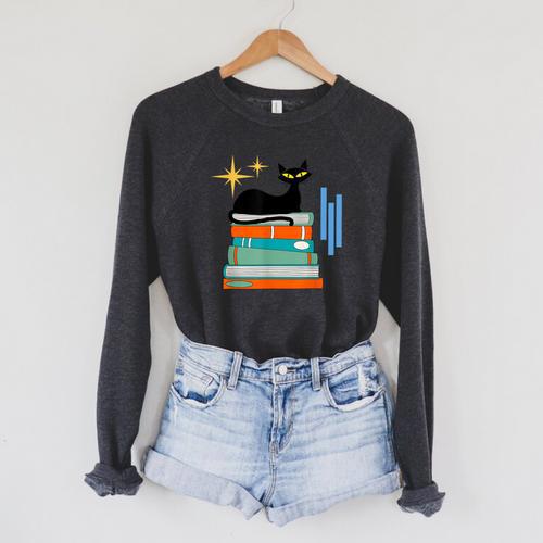 Cat And Books Retro Midcentury Mid Century Aesthetic Raglan Sleeve Sweatshirt - Bookorys CA