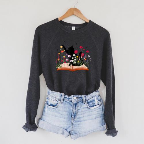 Cat Kitten Wildflower Book Pet Owner Librarian Raglan Sleeve Sweatshirt - Bookorys AU