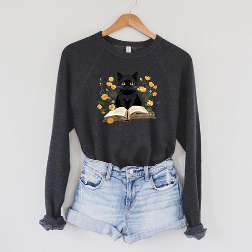 Cat Shirts For Women Book Lover Shirt Cute Cat And Book Premium Tri-Blend Raglan Sleeve Sweatshirt - Bookorys AU