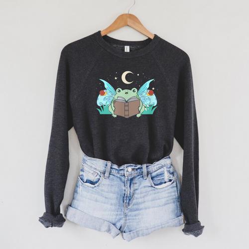 Cottagecore Aesthetic Cute Kawaii Frog Fairy Reading Book Raglan Sleeve Sweatshirt - Bookorys