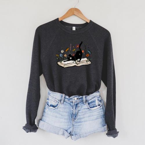 Cute Cat Flower Garden Book Kitty Reading Floral Raglan Sleeve Sweatshirt - Bookorys AU