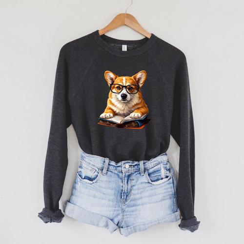 Cute Dog Corgi Reading Book Raglan Sleeve Sweatshirt - Bookorys DE