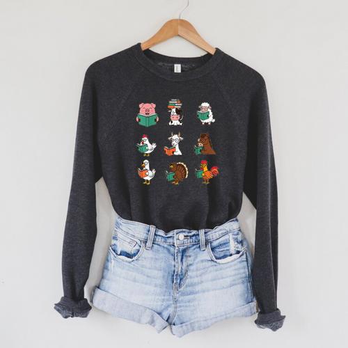 Cute Farm Animals Reading Books Teacher Library Reader Raglan Sleeve Sweatshirt - Bookorys