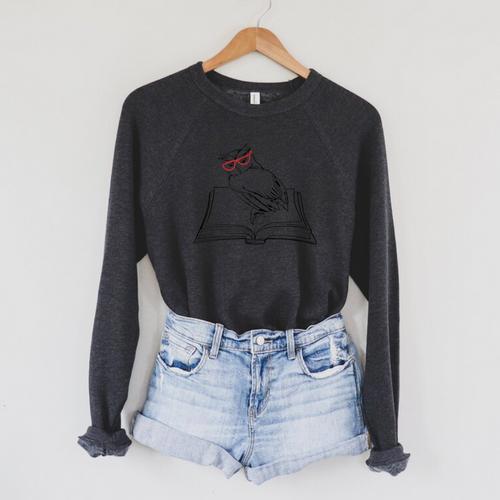 Cute Forest Animal Owl Reading Books Literature Raglan Sleeve Sweatshirt - Bookorys
