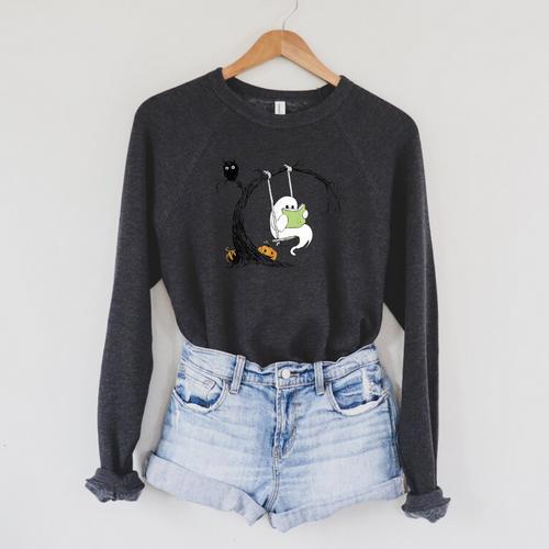 Cute Ghost Costume Reading Book Halloween Raglan Sleeve Sweatshirt - Bookorys