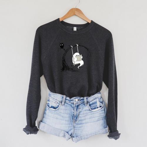 Cute Ghost Swinging Reading Book Halloween Ghost Costume Raglan Sleeve Sweatshirt - Bookorys
