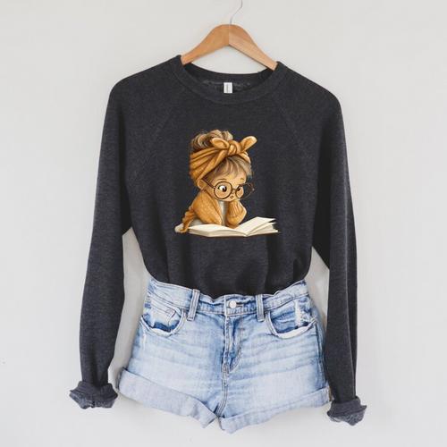 Cute Girl Open Book Reading Book Lover Graphic Round Glasses Raglan Sleeve Sweatshirt - Bookorys DE
