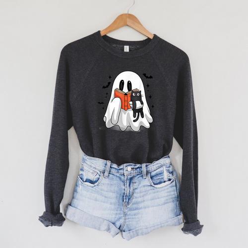 Cute Halloween Ghost Reading Book Raglan Sleeve Sweatshirt - Bookorys DE