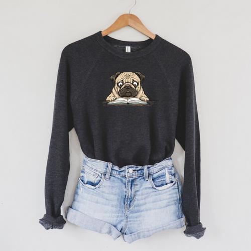 Cute Pug Dog Reading Book Love To Read Raglan Sleeve Sweatshirt - Bookorys DE