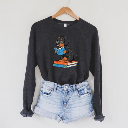 Dachshund Dog With Glasses Reading Book Librarian Raglan Sleeve Sweatshirt - Bookorys CA