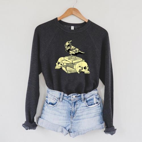 Dark Academia Aesthetic Raven Crow On Old Books Skull Goth Raglan Sleeve Sweatshirt - Bookorys AU