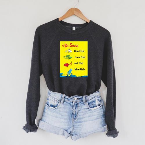 Dr Seuss One Fish Two Fish Book Cover Raglan Sleeve Sweatshirt - Bookorys
