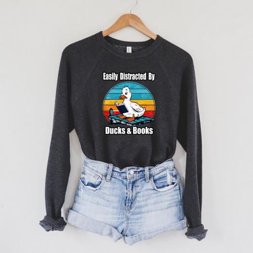 Ducks Books Lover Easily Distracted By Ducks & Books Raglan Sleeve Sweatshirt - Bookorys