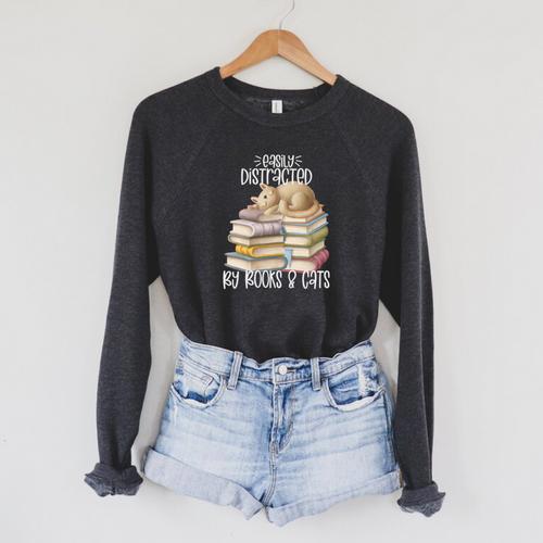 Easily Distracted By Books And Cats Raglan Sleeve Sweatshirt - Bookorys AU
