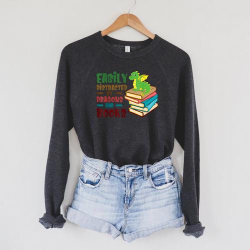 Easily Distracted By Dragons And Books Book Nerd Reading Raglan Sleeve Sweatshirt - Bookorys
