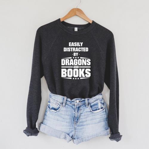 Easily Distracted By Dragons And Books Premium Tri-Blend Raglan Sleeve Sweatshirt - Bookorys AU