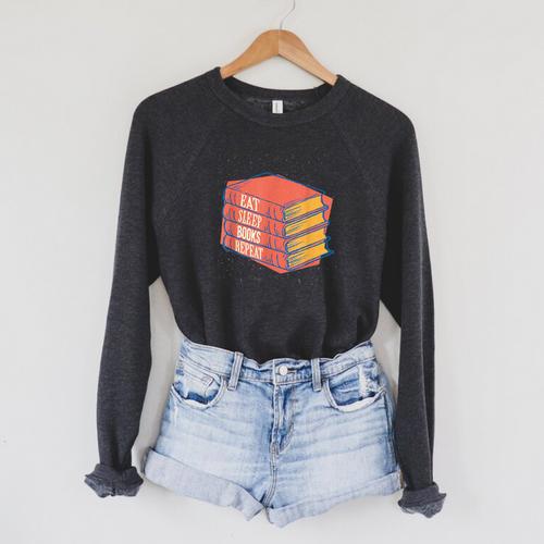 Eat Sleep Books Repeat Book Lover Reading Bookworm Teacher Raglan Sleeve Sweatshirt - Bookorys