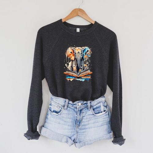 Elephant Reading Book Animal Art Print Graphic Raglan Sleeve Sweatshirt - Bookorys UK