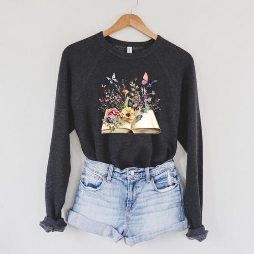 Flowers Gardening And Book Reading Lover Raglan Sleeve Sweatshirt - Bookorys