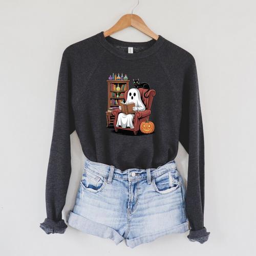 Ghost With Bookshelf Halloween Bookish Premium Tri-Blend Raglan Sleeve Sweatshirt - Bookorys CA