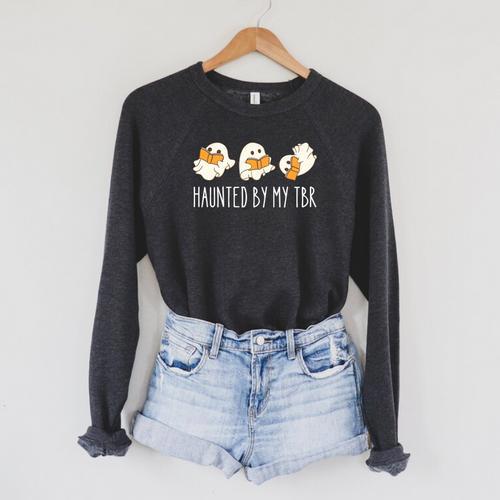 Haunted By My TBR Ghosts Reading Halloween Books Raglan Sleeve Sweatshirt - Bookorys