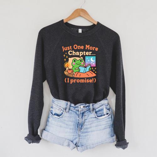 Just One More Chapter Bookish Book Kawaii Frog Reading Book Raglan Sleeve Sweatshirt - Bookorys AU