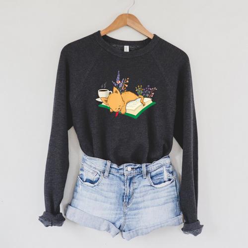 Kawaii Cat Women's Cat Books Flowers Raglan Sleeve Sweatshirt - Bookorys