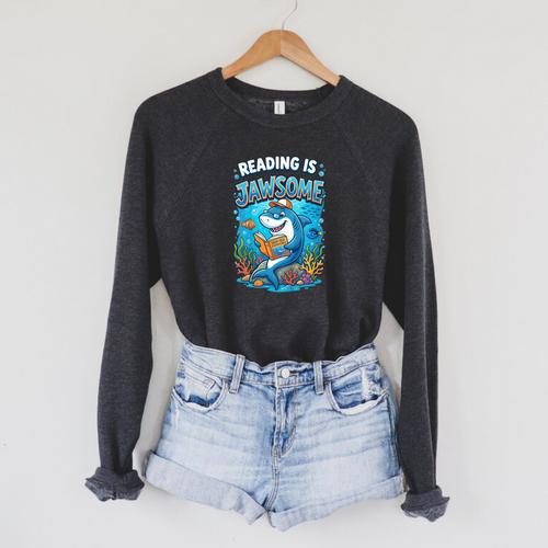 Kids Toddler Boy Reading Is Jawsome Shark Book Lover Kids Nerdy Raglan Sleeve Sweatshirt - Bookorys