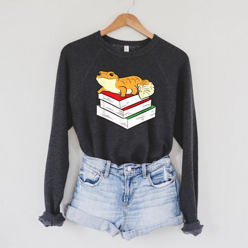 Leopard Gecko Sleeping Books Reading Geckos Raglan Sleeve Sweatshirt - Bookorys