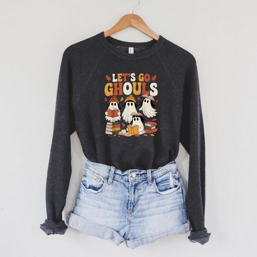Let’s Go Ghouls Cozy Girly Ghosts Halloween Fall Book Lovers Raglan Sleeve Sweatshirt - Bookorys