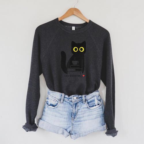 Life Essentials Witty Grungy Noisy Book Tea And Cat Raglan Sleeve Sweatshirt - Bookorys AU