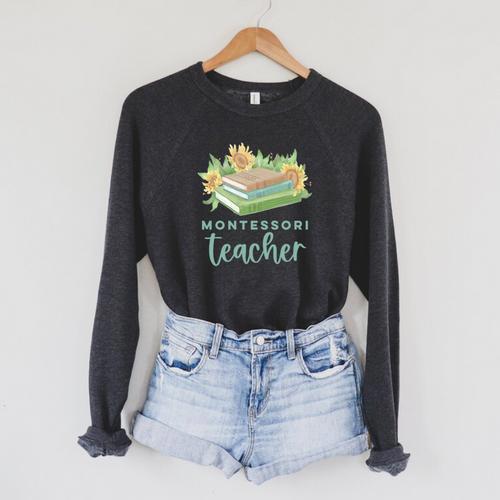 Montessori Teacher Books Sunflowers School Education Learn Raglan Sleeve Sweatshirt - Bookorys