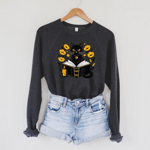 Mystic Cat With Spell Book Candle Flowers Witchcore Men Women Kids Raglan Sleeve Sweatshirt - Bookorys