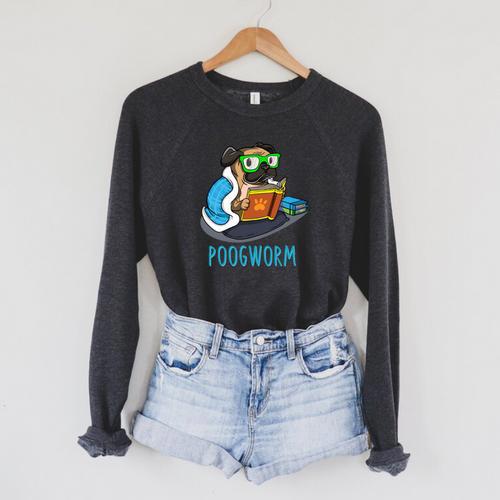 Nerdy Pug Reading Books Poogworm Pug Bookworm Raglan Sleeve Sweatshirt - Bookorys CA
