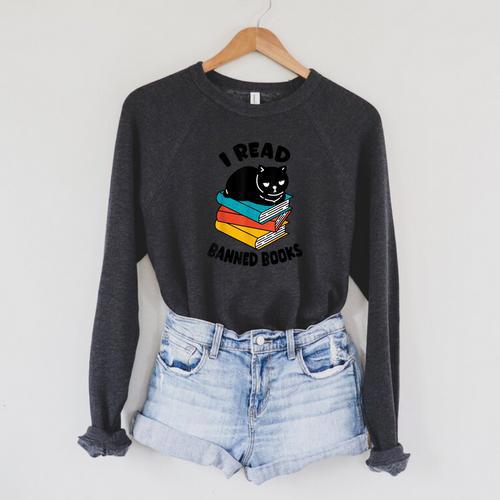 I Read Banned Books Tshirt Cat Reader Bookworm Women Raglan Sleeve Sweatshirt - Bookorys AU